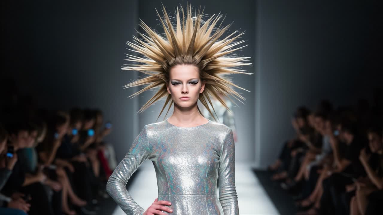 Stunning Fashion Showcase Featuring a Model with Iconic Spiked Hair and Shimmering Attire Dominating the Runway, Captivating the Audience with Unique Style