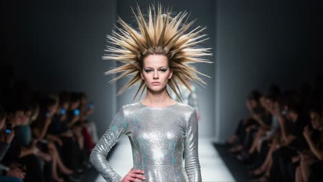 stunning fashion showcase featuring a model with iconic spiked hair and shimmering attire dominating the runway, captivating the audience with unique style
