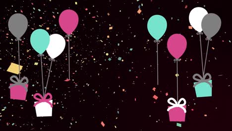 Animation of confetti, balloons and presents on black background
