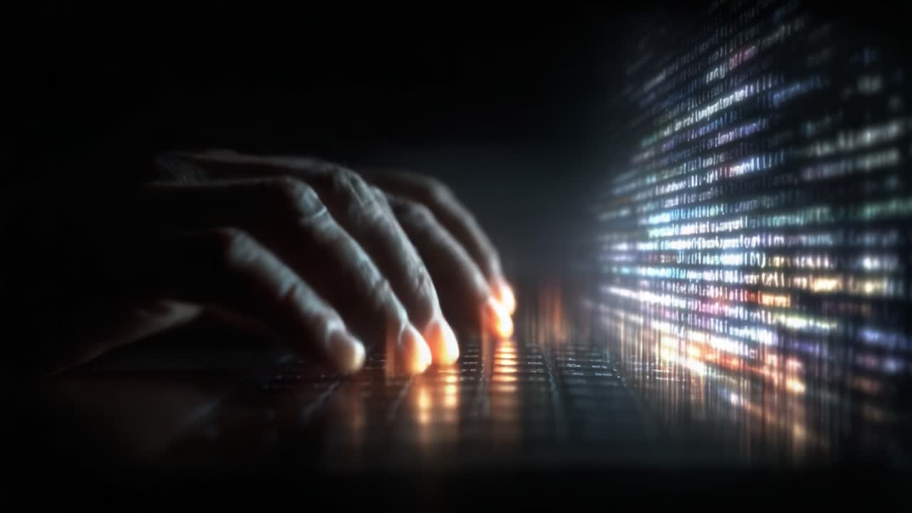A Close-Up Display of Intense Focus: Hands Typing on a Keyboard Surrounded by a Cascade of Colorful Data Streams in a Dark Environment