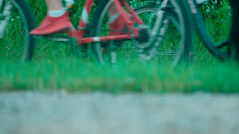 Low-angle-view-of-the-cyclist's-on-the-trail-with-a-nature-background