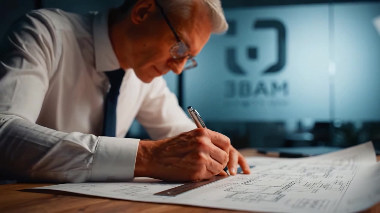 Focused Professional Reviewing Detailed Blueprints with Precision in Modern Office Environment During Daylight Hours