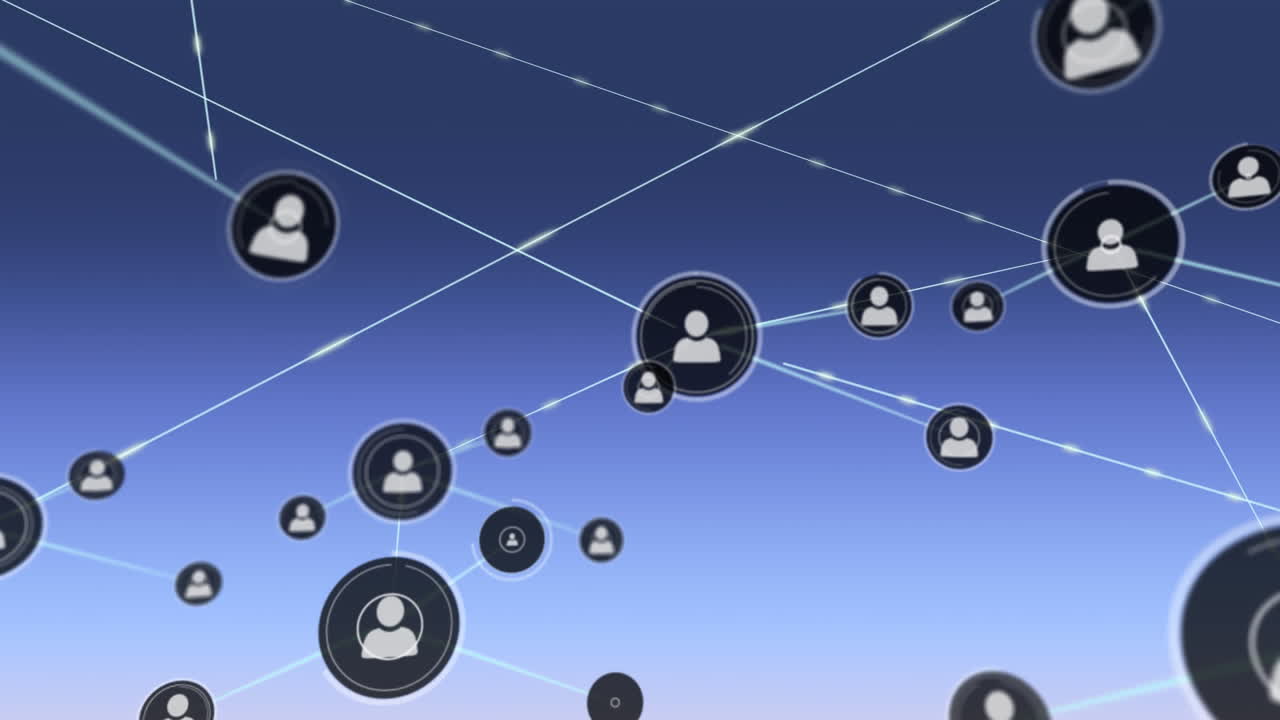 animación de la red de conexiones con iconos sobre fondo azul