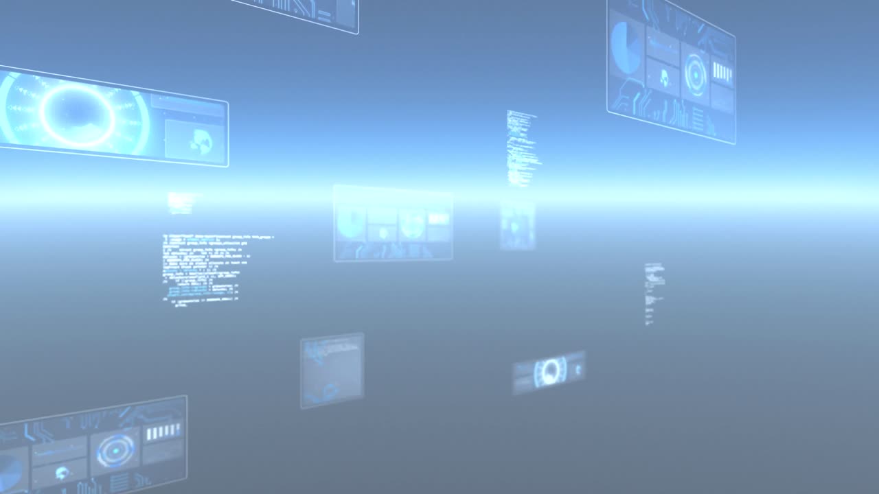 Animation of data processing and scopes scanning on screens over glowing blue background