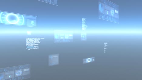 Animation-Der-Datenverarbeitung-Und-Des-Scannens-Von-Zielfernrohren-Auf-Bildschirmen-Vor-Leuchtend-Blauem-Hintergrund