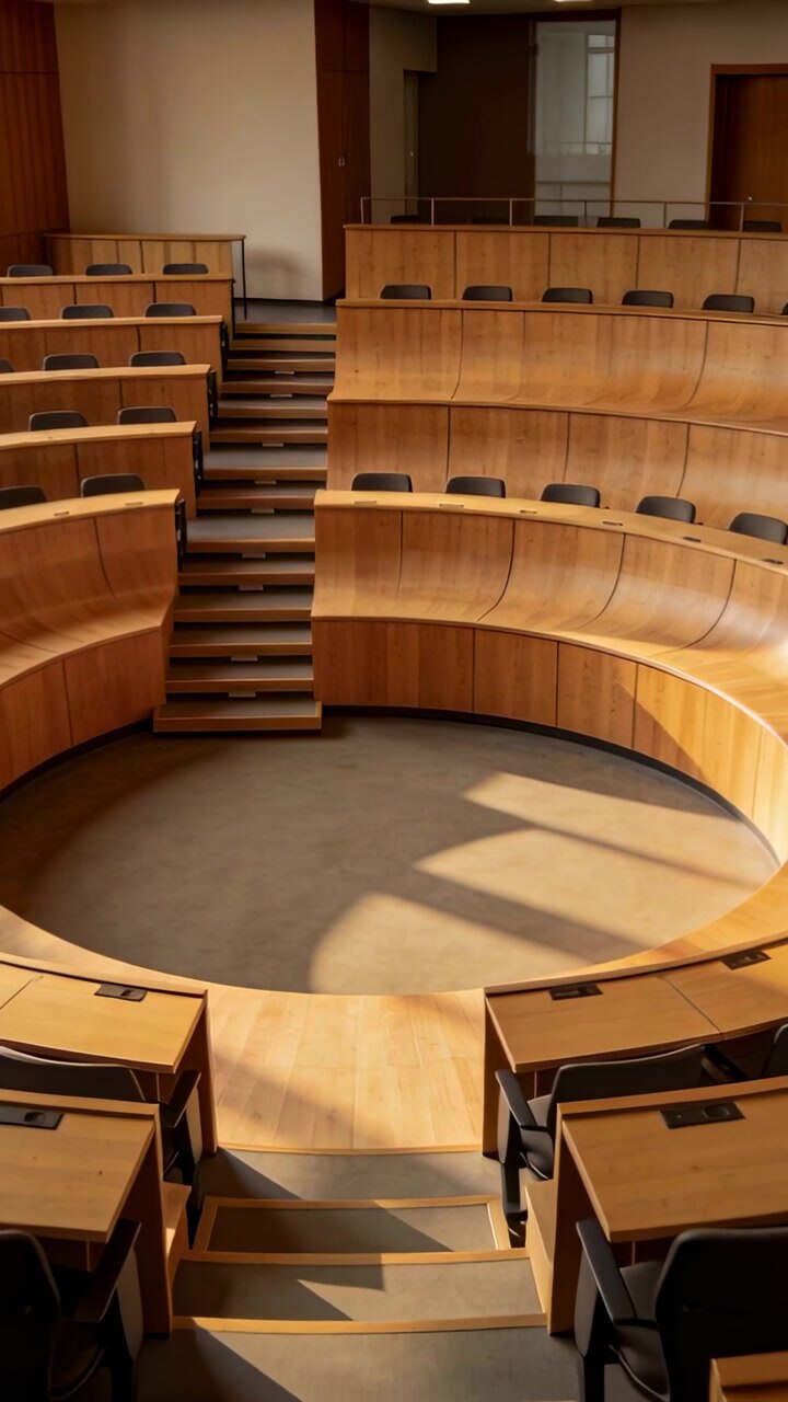 Video verticale: Telecamera che si allontana rivelando un'aula magna in legno curvato a scuola, mostrando una fossa centrale