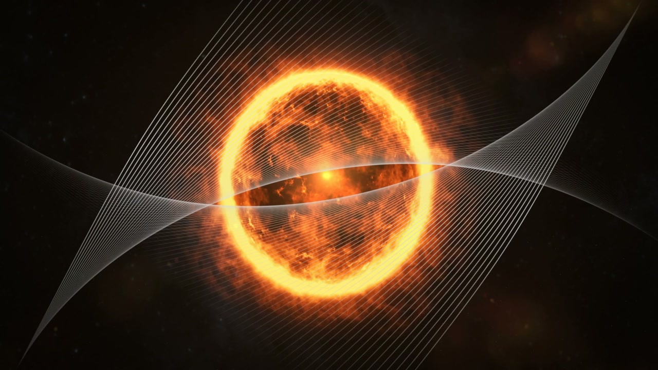 White ribbon sweeping from left causing lattice crossing, revealing corona while orb pulsing