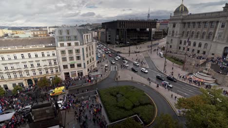 Demonstrations-at-Wenceslas-square-and-National-museum,-Prague,-aerial