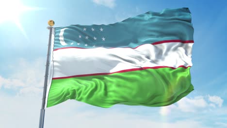 uzbekistan flag waving in the wind against deep blue sky. national theme, international concept. 3d render seamless loop 4k