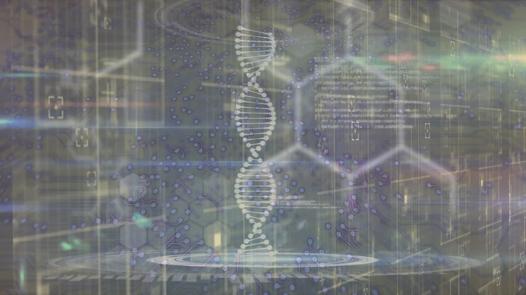 Animation of light trails over interface with medical data processing against grey background