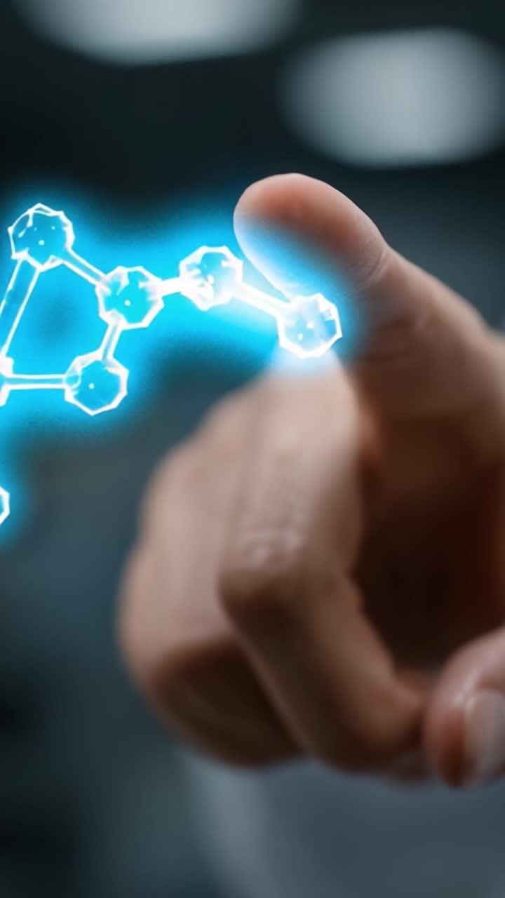 Una persona che interagisce con una struttura molecolare digitale: Visualizzando connessioni e innovazioni nella scienza e nella tecnologia attraverso un'interazione immersiva.