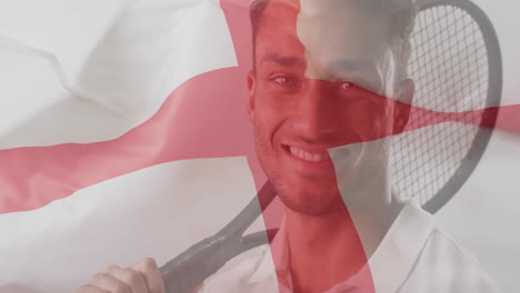 animation of flag of england over caucasian male tennis