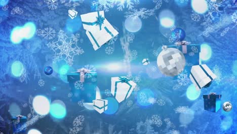 animación de regalos que caen, bolas de navidad y copos de nieve, sobre fondo azul