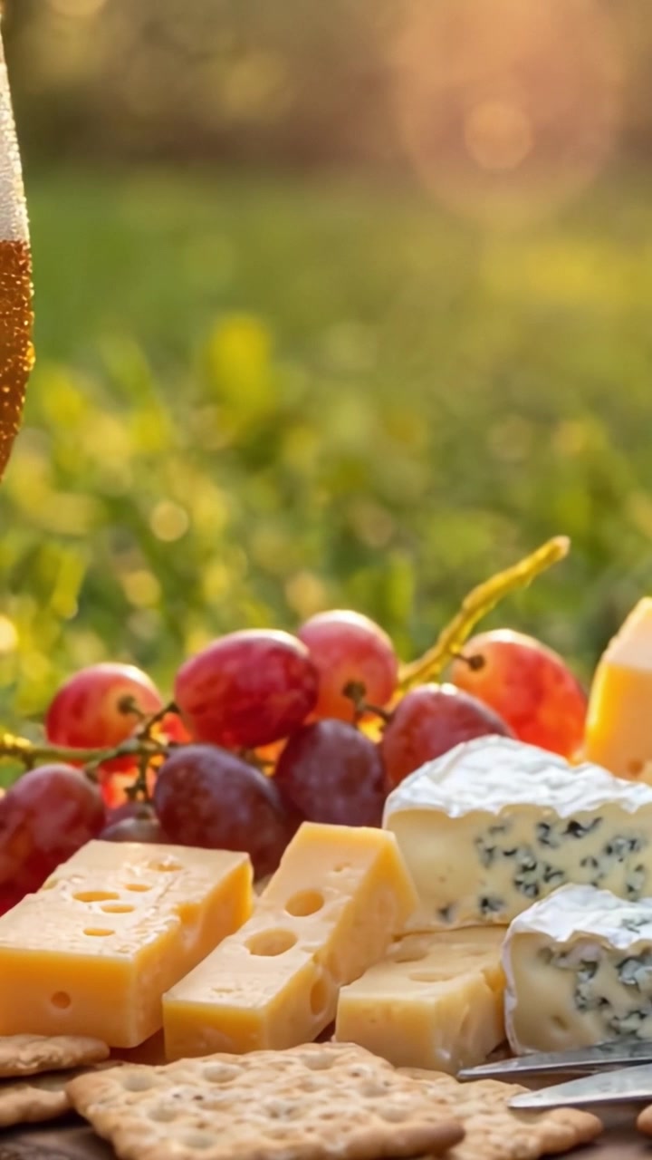 Una Deliziosa Tavola da Picnic all'Aperto con Vari Formaggi, Cracker, Uva Fresca e Bevande Fresche Sotto una Luce Calda e Brillante.