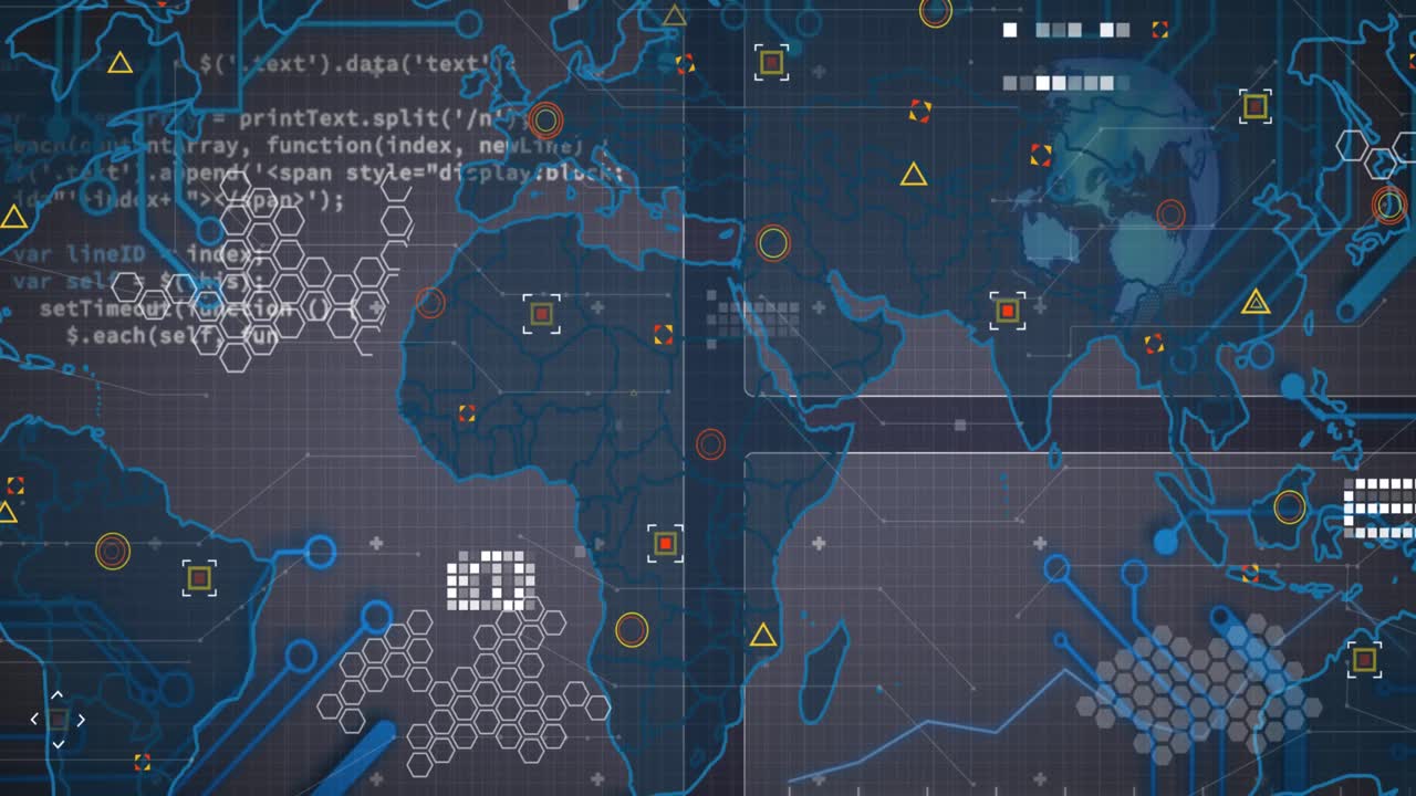 Animation of data processing over computer circuit board and world map