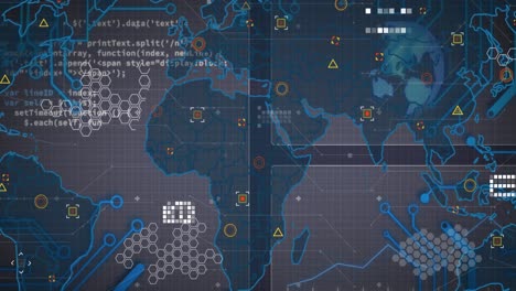 animación del procesamiento de datos en una placa de circuitos informáticos y un mapa del mundo