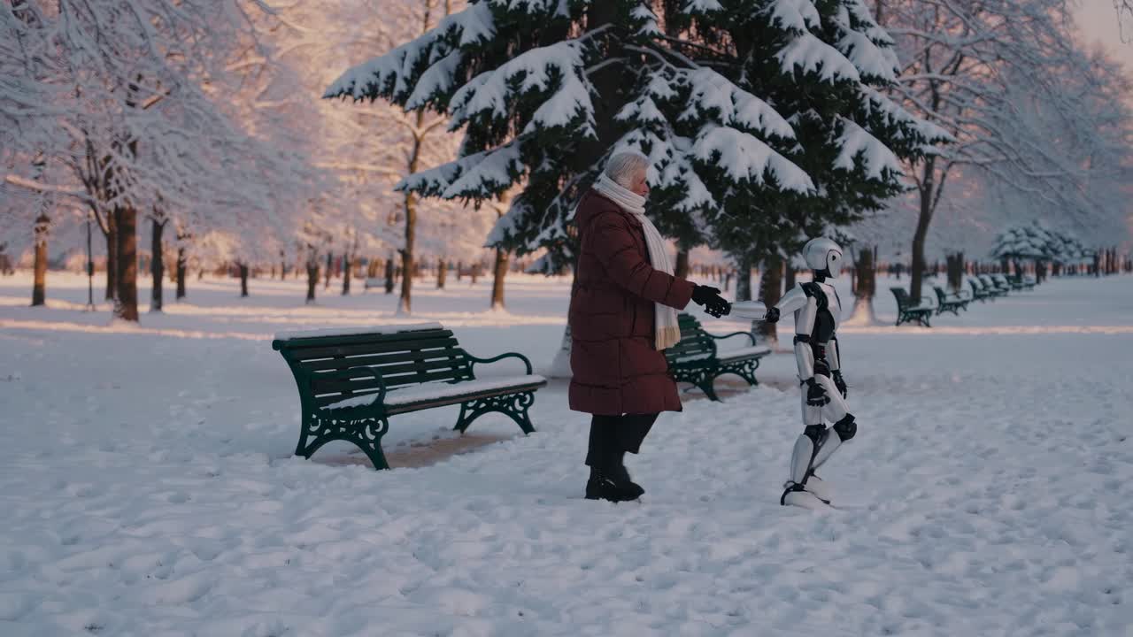 Iäkäs nainen ja robotti lumisessa puistossa