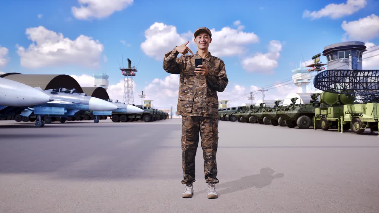 항공기 기지에서 스마트폰을 사용하는 군인