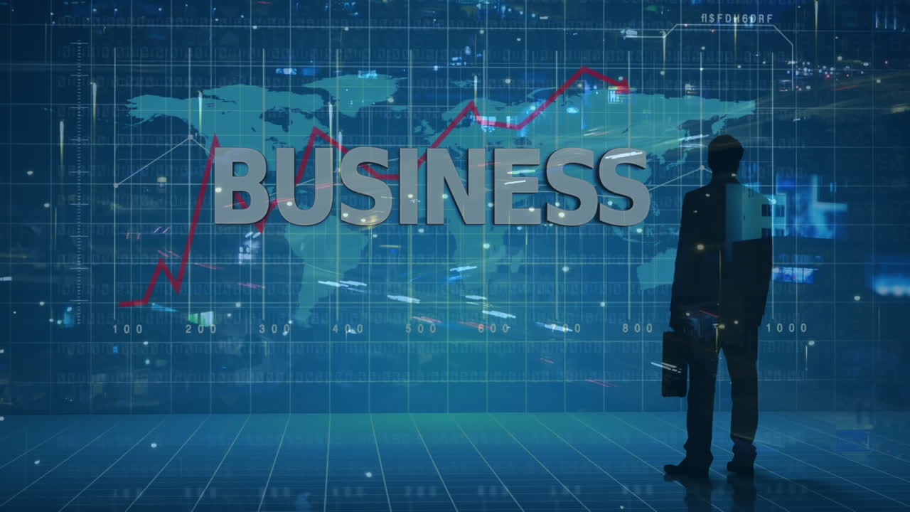 지도 위의 비즈니스 텍스트의 애니메이션, 이동하는 차량의 타임 스에 대항하여 서류 가방을 들고 있는 사람