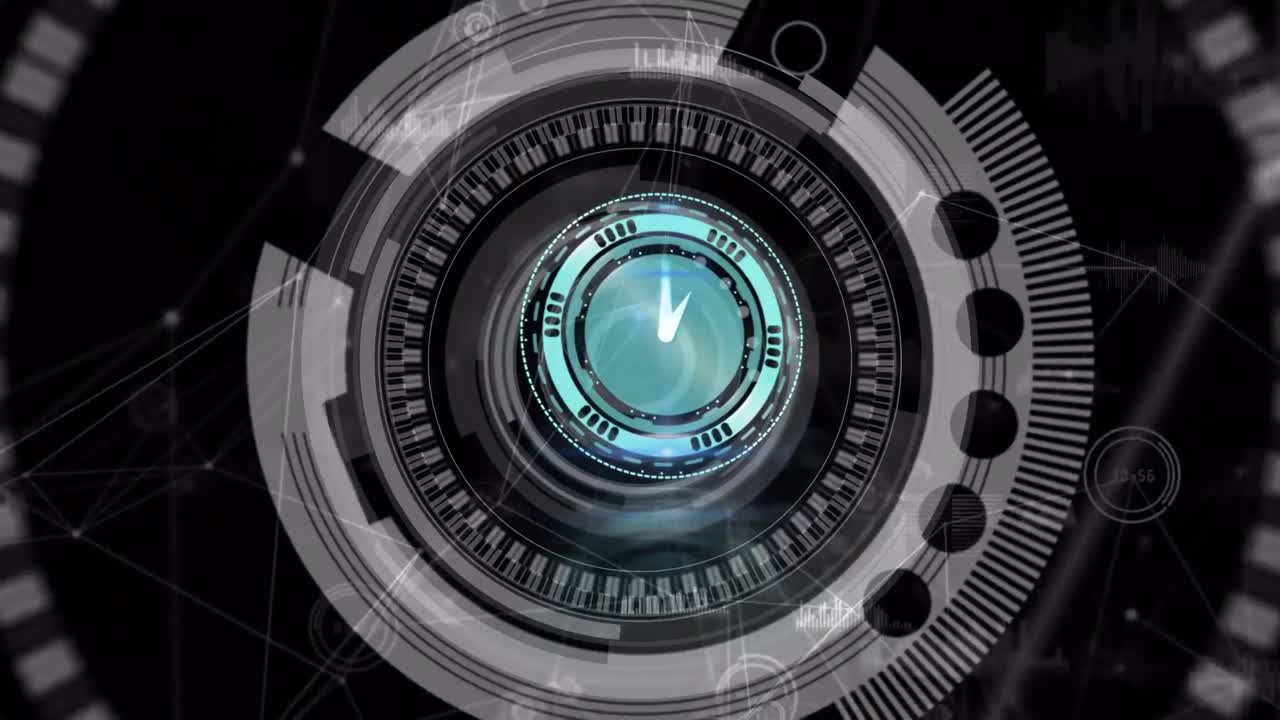 Animazione di un orologio e elaborazione dati su sfondo scuro