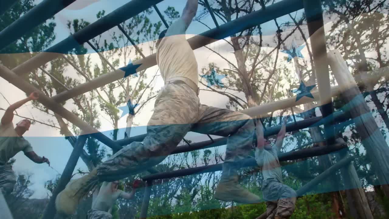Animation of flag of honduras waving over soldiers exercising on monkey bars