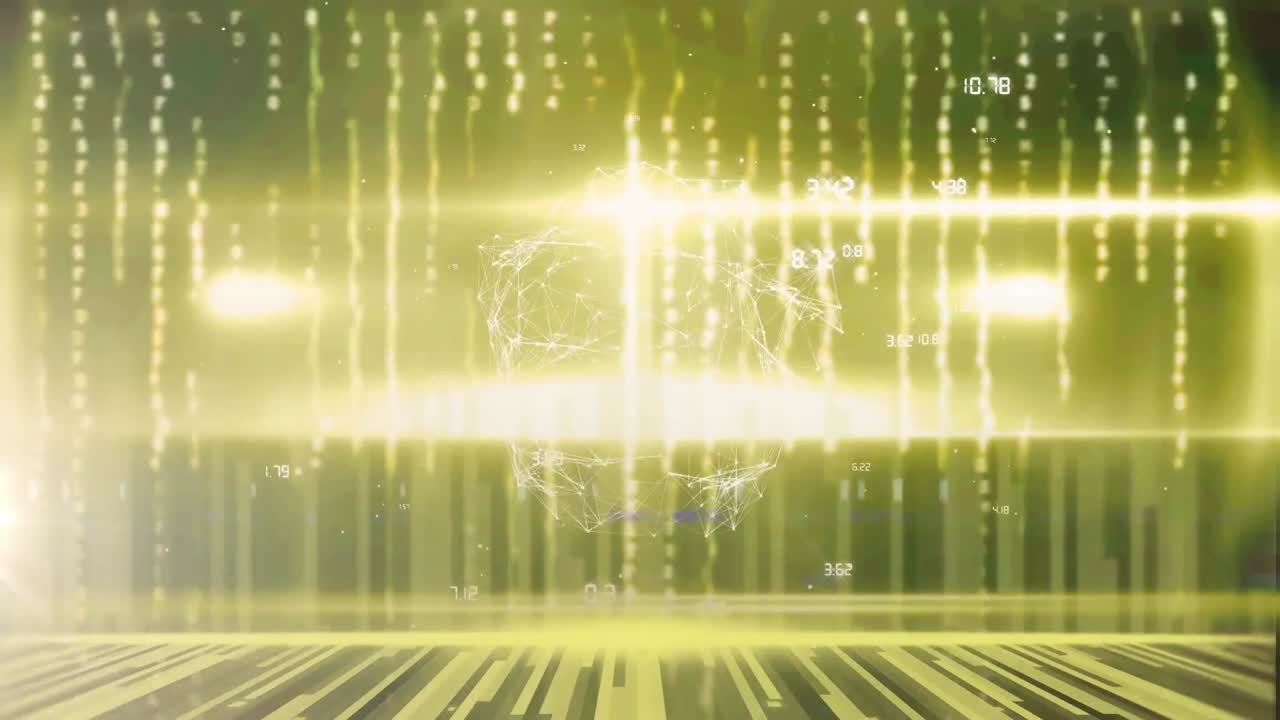 Digital animation of spot of light over globe of network of connections against golden light trails