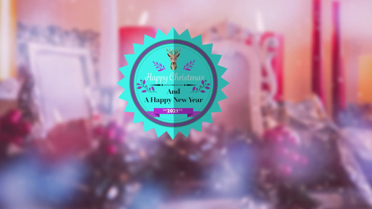 animación de feliz navidad y un texto de feliz año nuevo sobre un fondo borroso.