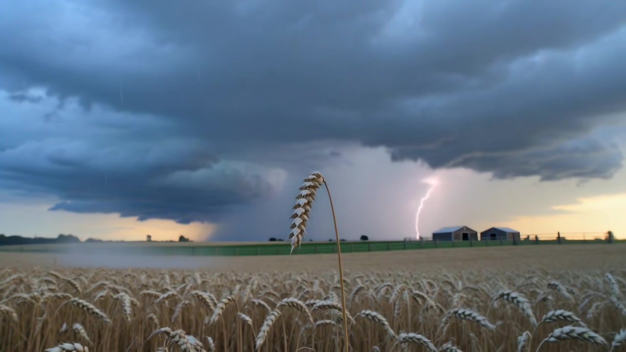 Et bøjet hvedehoved i fokus, der læner sig i en mark, mens en indkommende storm intensiveres, og en regnskakt dannes.