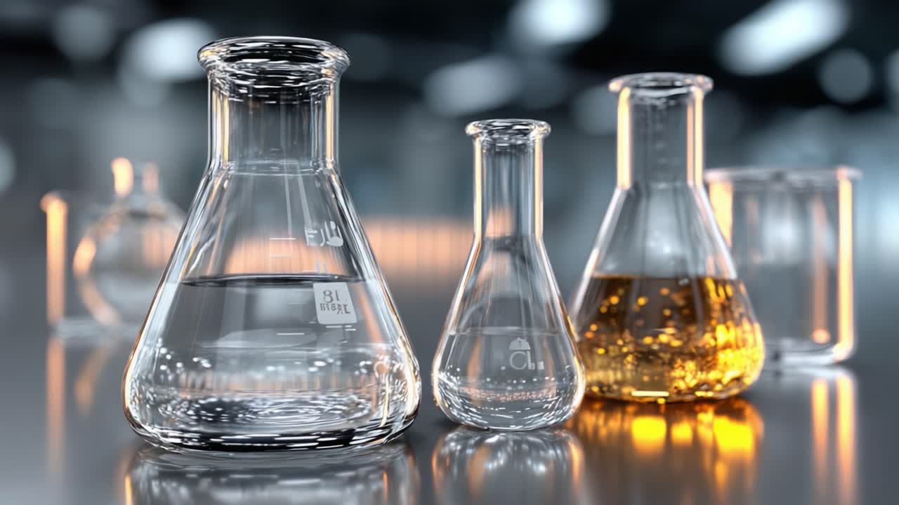 Et nærbilde av diverse laboratorieglass, som viser ulike kjemikalier i begerglass og kolber med intrikate detaljer og refleksjoner.