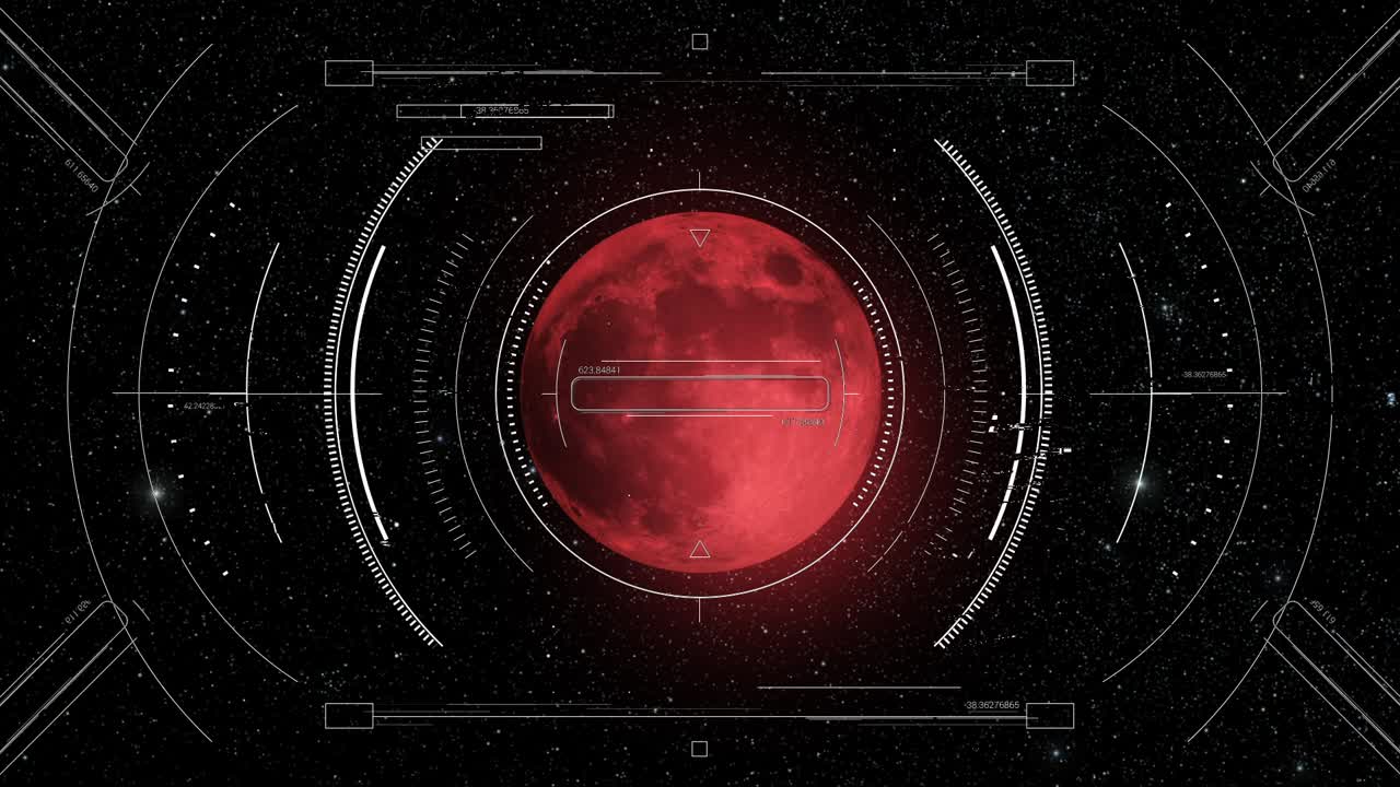 Red moon or alien planet scanned by spacecraft HUD radar display