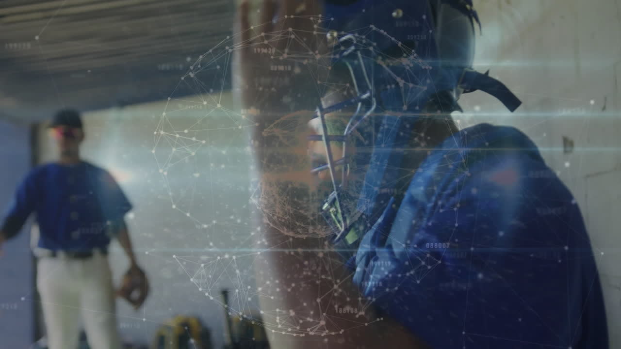 In dugout, baseball players interacting with digital network animation overlay