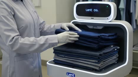 a robotic assistant organizing and displaying neatly folded clothes in a high-tech environment, showcasing efficient sorting technology for textile management