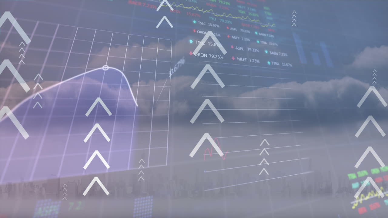 데이터 처리 및 도시 풍경 및 주식 시장에 대한 화살표의 애니메이션