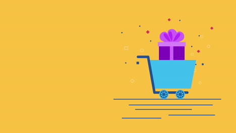 carrito de compras con animación comercial de caja de regalos