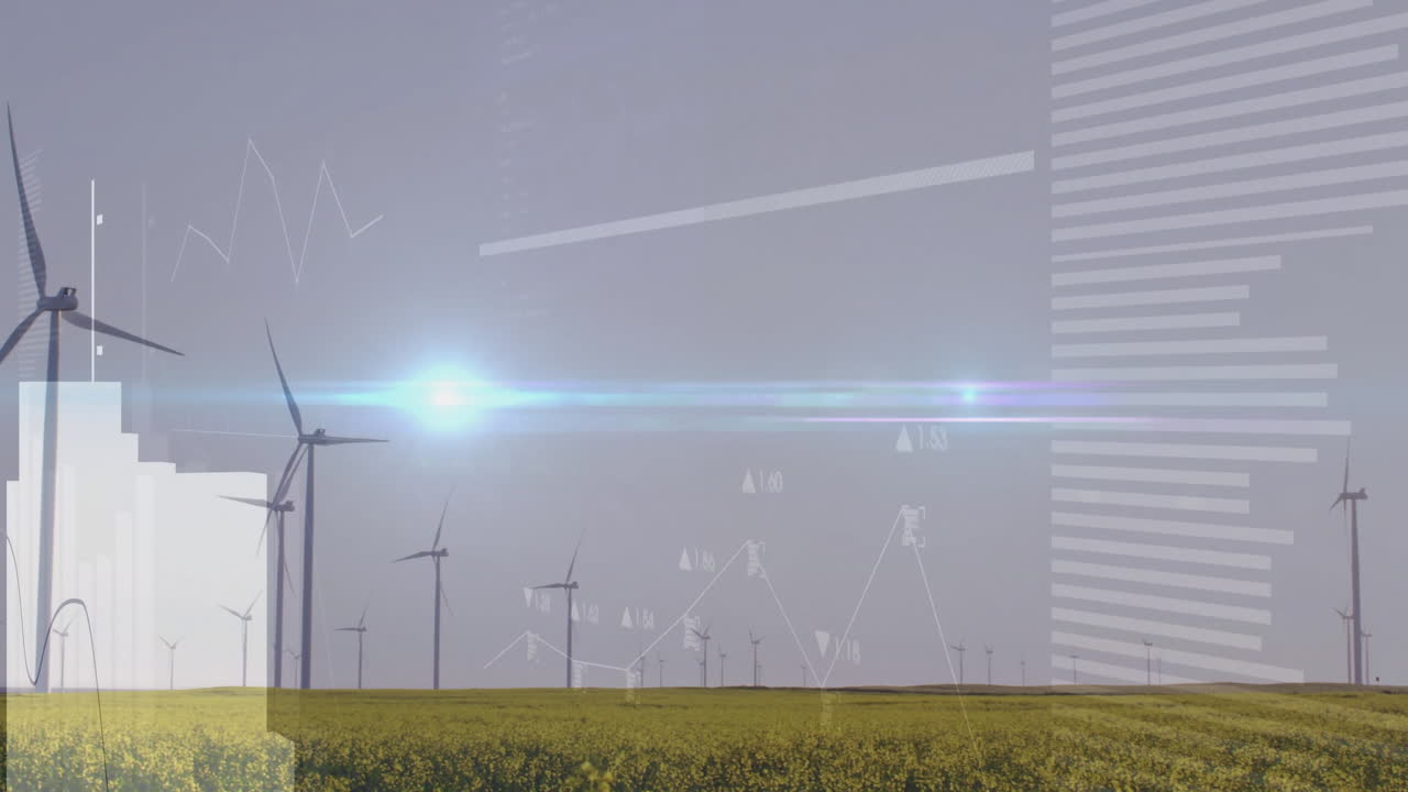 Wind turbines in field with data processing animation overlaying scene