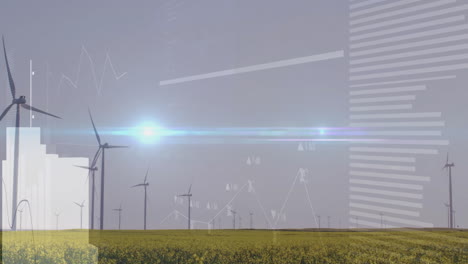 wind turbines in field with data processing animation overlaying scene