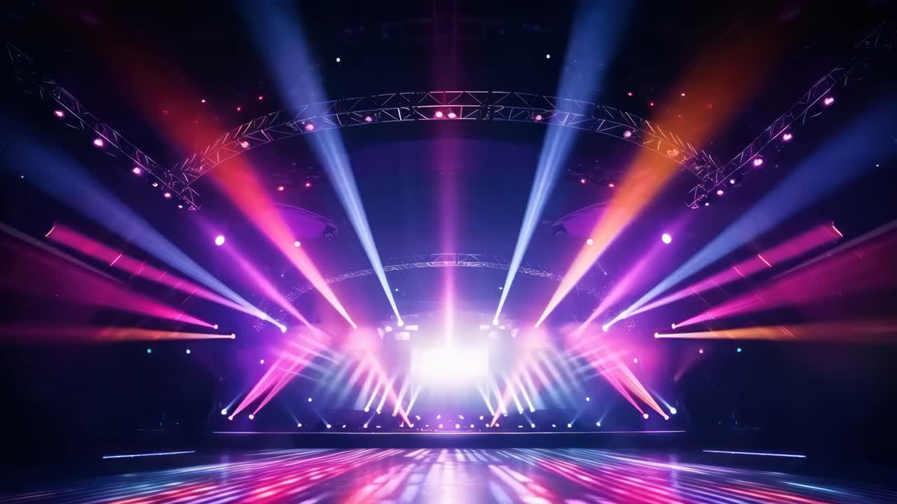 Dynamic stage lights in vibrant colors, captured from a low angle ...