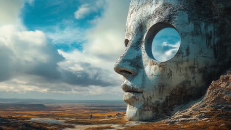 ancient stone face in a vast landscape