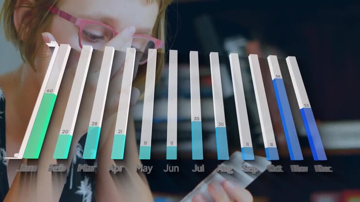 Animation of graph over caucasian women using smartphone