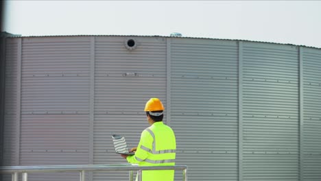 ingeniero que utiliza portátil examinar la construcción de tanques de agua chapa de acero para el almacenamiento de agua del grifo de la propiedad industrial. servicios públicos de la industria.