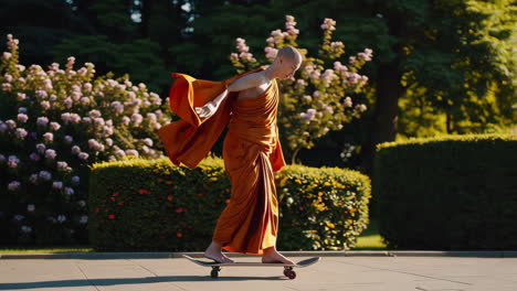 buddhist monk skateboarding in a park
