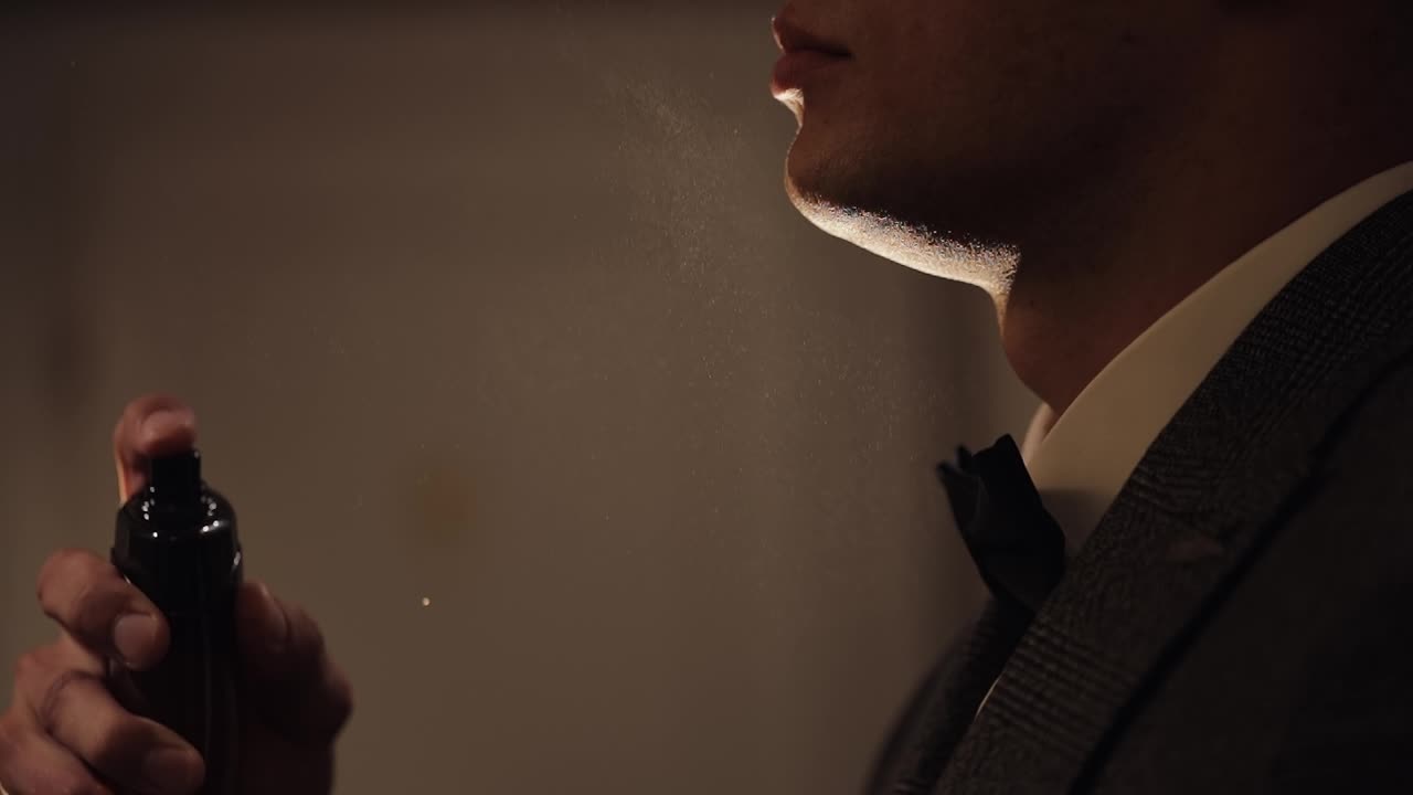 신랑이 자신에게 향기 또는 디오도란트를 어, 결혼식 날, 느린 동작, 잘 옷을 입은 사업가