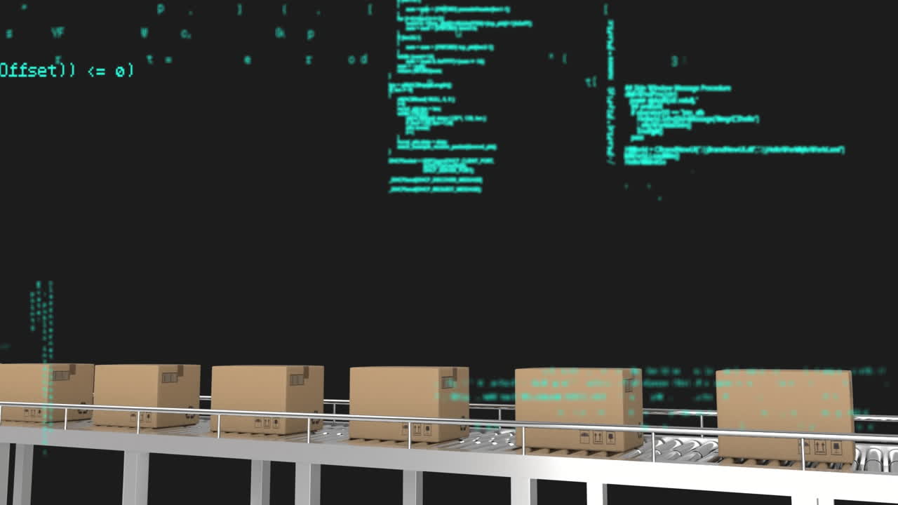Animation of data processing over multiple boxes on conveyer belt against black background