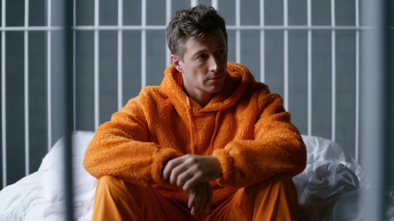 A contemplative moment captured in a dimly lit space, featuring an individual in an orange hoodie, reflecting amidst the confines of a minimalist setting.
