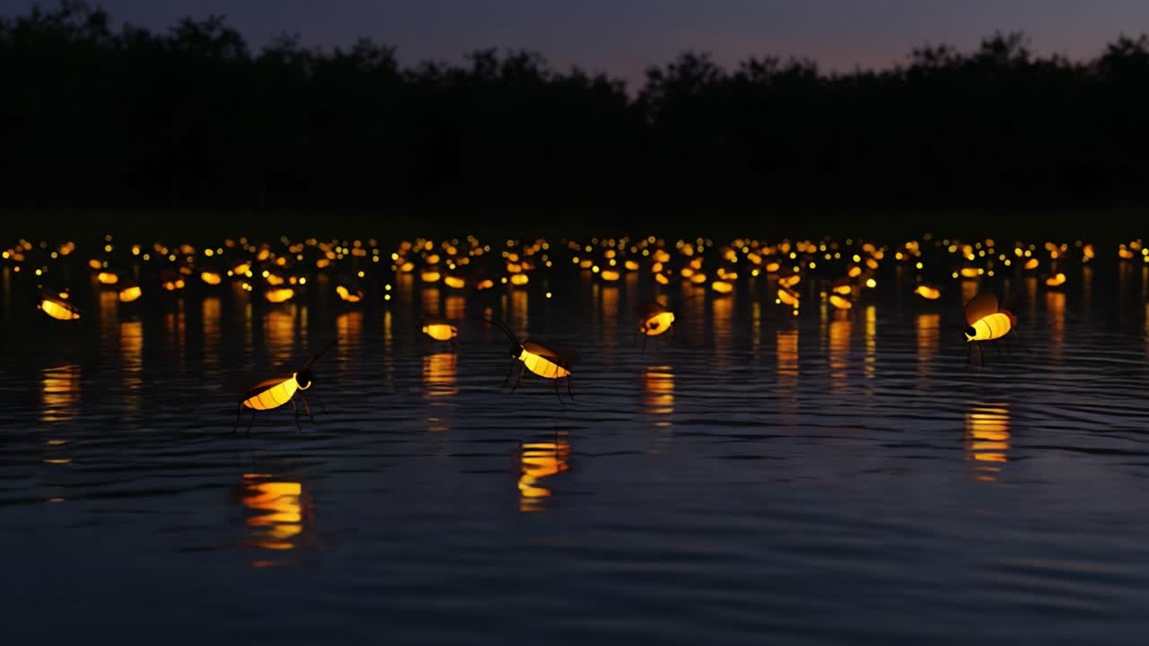 A mesmerizing display of fireflies illuminating the serene waters at twilight, creating a magical scene that captivates the mind and evokes a sense of wonder and tranquility