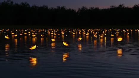 a mesmerizing display of fireflies illuminating the serene waters at twilight, creating a magical scene that captivates the mind and evokes a sense of wonder and tranquility