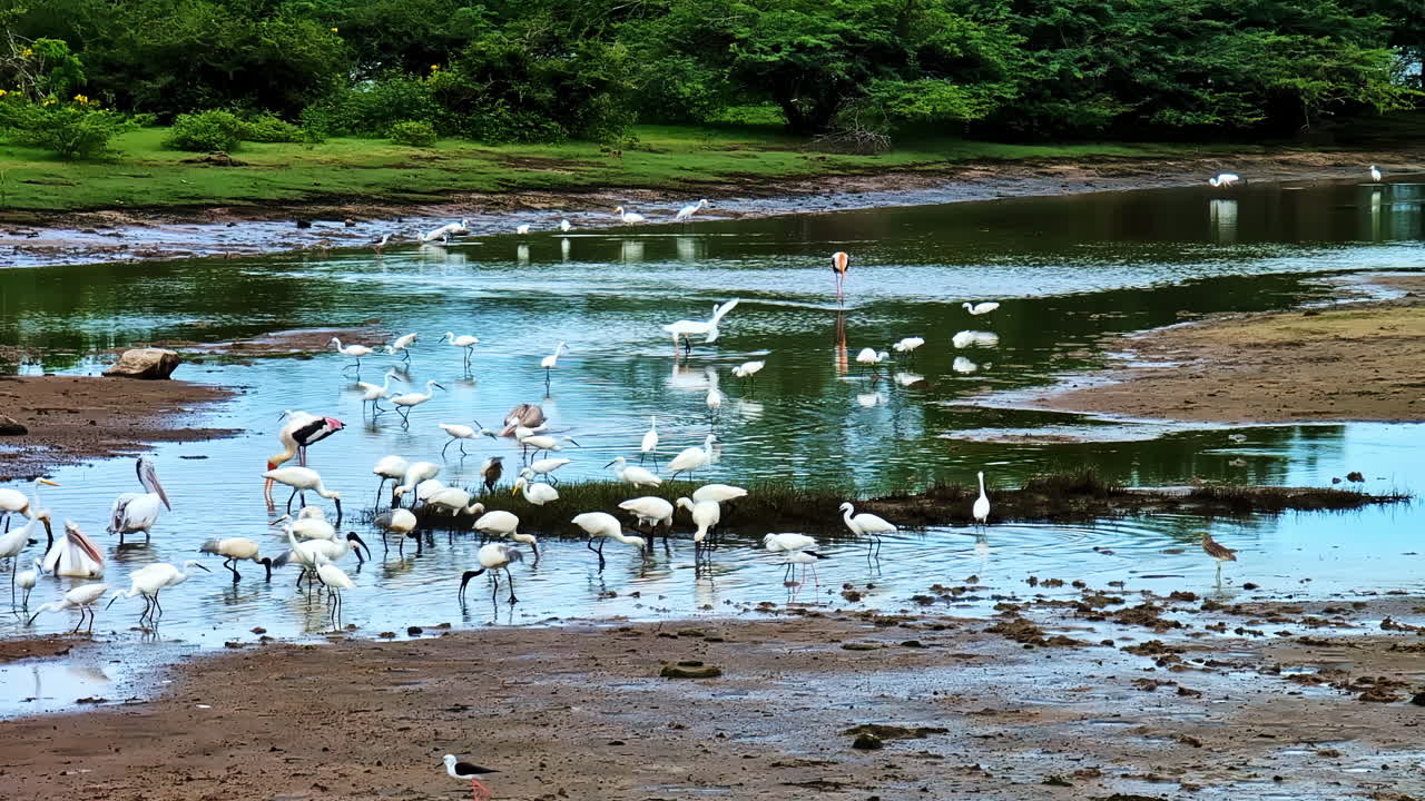 Storks And Pelicans Waterbirds At The Pond In Yala National Park, Sri Lanka. Wide Shot