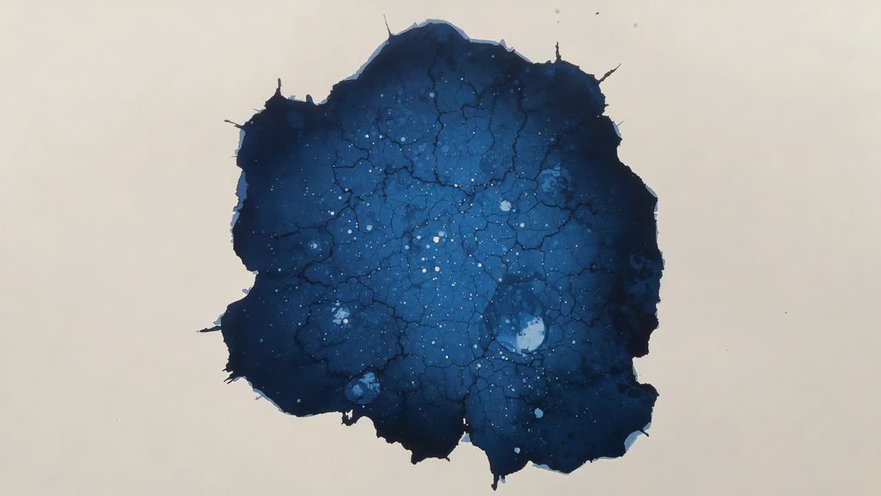 Macchia di pittura blu che si asciuga formando crepe e minuscole macchioline su carta beige, con solvente che evapora