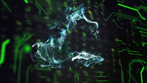 digital wave forming over green binary code background in animation style
