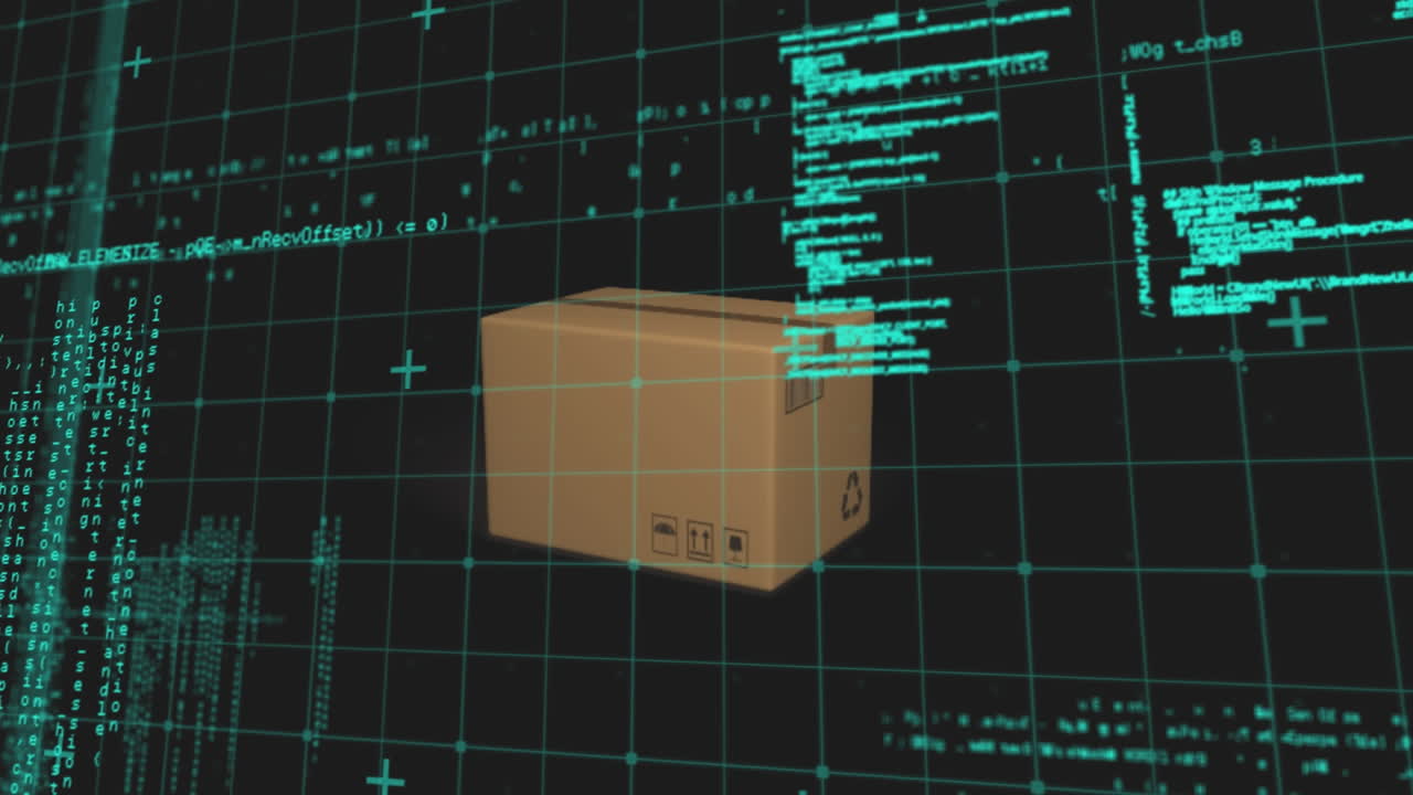 Data processing on grid network over delivery box falling against black background